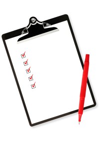 Checklist on clipboard, with red pen.